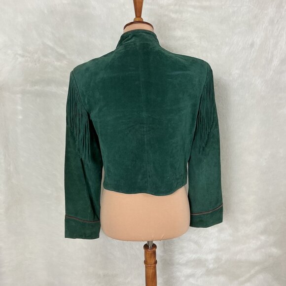 Vintage 90s Scully Green Suede Fringe Shoulder Star Buttons Western Jacket 8 - Picture 4 of 11